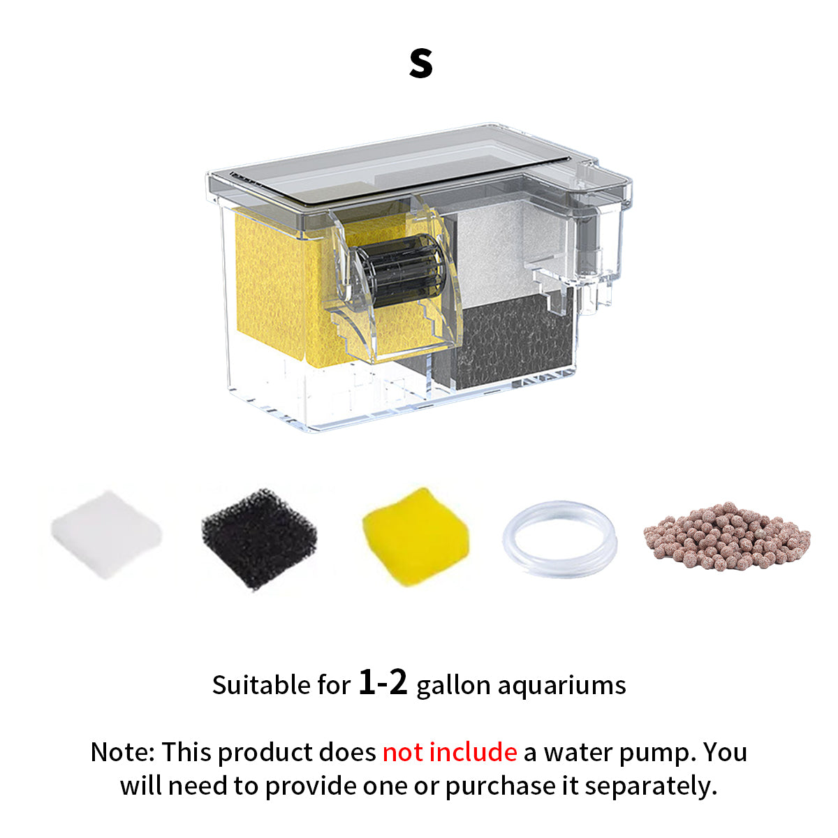 Aquarium Waterfall Filtration with Filter Media for Small Fish Tank, External Wall-Mounted Fish Tank Filter, Pump Not Included, Suitable for 1-9 Gallon Tank