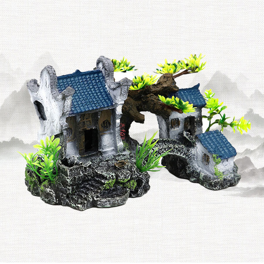 Classical Chinese Landscape Aquarium Castle Decor, Resin Fish Tank Ornament with Arch Bridge & Houses – River Series Lifelike Aquascape Decoration