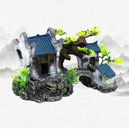 Classical Chinese Landscape Aquarium Castle Decor, Resin Fish Tank Ornament with Arch Bridge & Houses – River Series Lifelike Aquascape Decoration