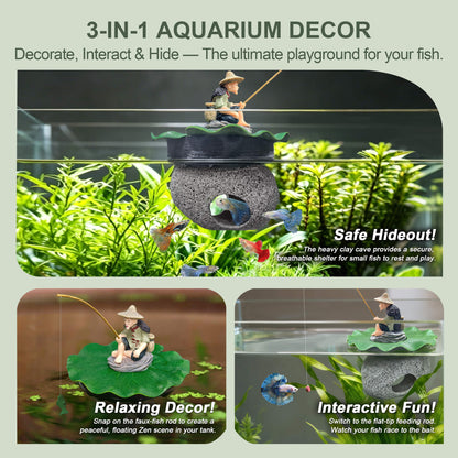 BaoZqua 3-in-1 Floating Fish Tank Fisherman Decor, Lotus Pad & Betta Cave