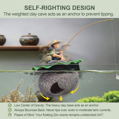 BaoZqua 3-in-1 Floating Fish Tank Fisherman Decor, Lotus Pad & Betta Cave