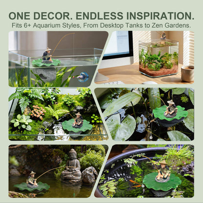 BaoZqua 3-in-1 Floating Fish Tank Fisherman Decor, Lotus Pad & Betta Cave