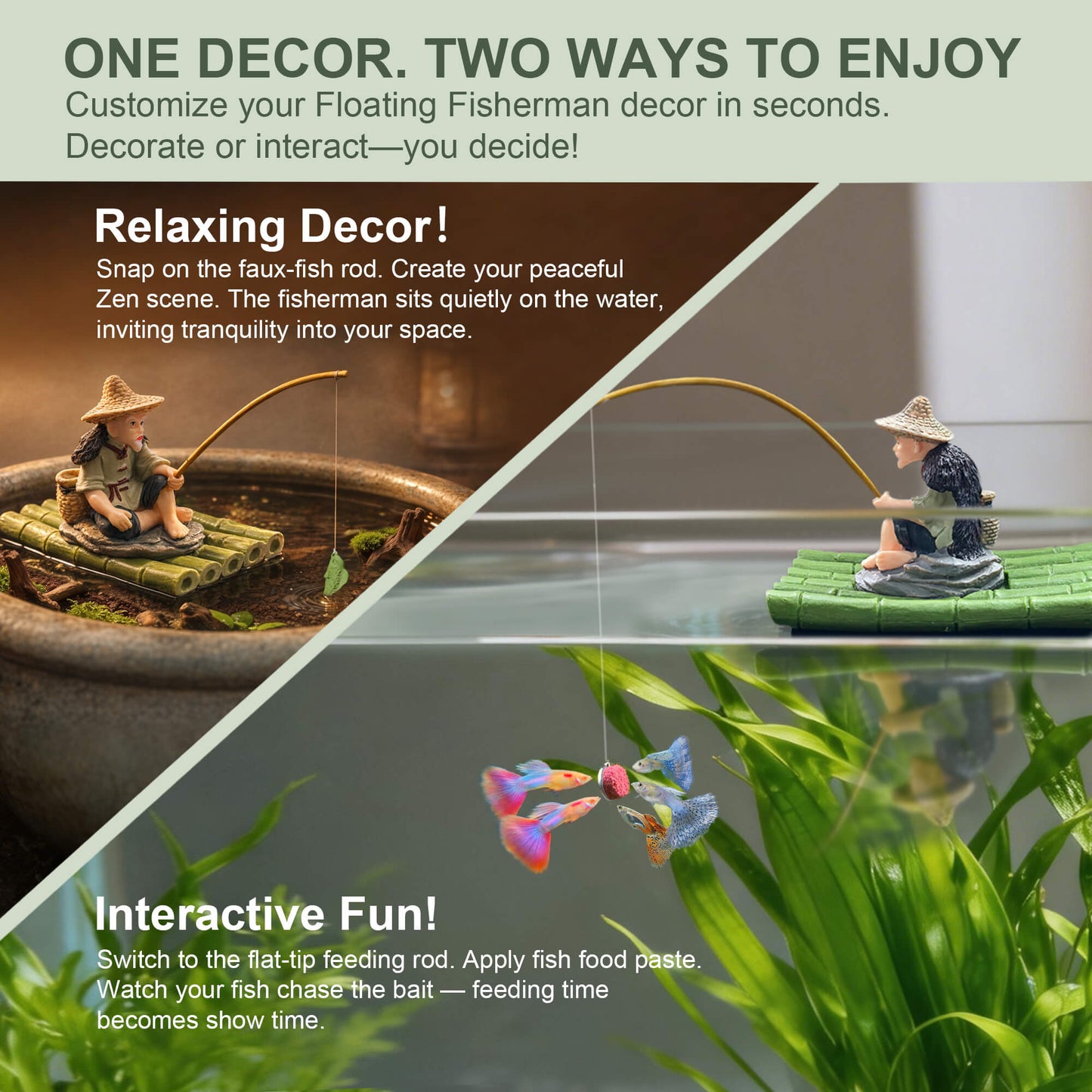 2-in-1 Floating Aquarium Decor, Interactive Floating Fish Tank Fisherman Decorations on PVC Bamboo Raft with Stable EVA Pad Buoyancy for Guppy, Small Schooling Species, Paludarium and Zen Pond