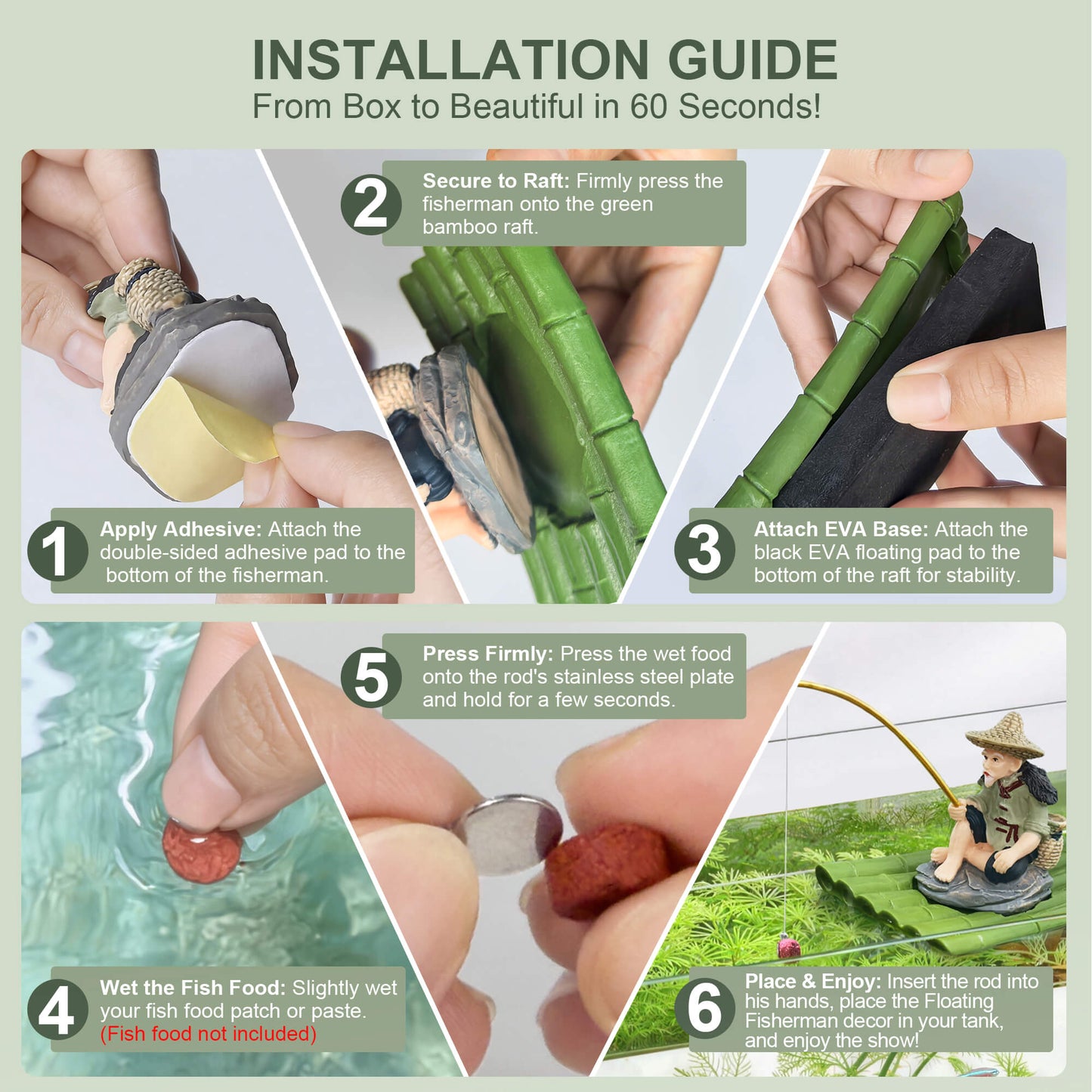 2-in-1 Floating Aquarium Decor, Interactive Floating Fish Tank Fisherman Decorations on PVC Bamboo Raft with Stable EVA Pad Buoyancy for Guppy, Small Schooling Species, Paludarium and Zen Pond