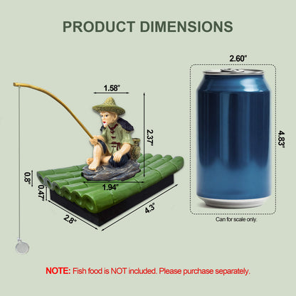 2-in-1 Floating Aquarium Decor, Interactive Floating Fish Tank Fisherman Decorations on PVC Bamboo Raft with Stable EVA Pad Buoyancy for Guppy, Small Schooling Species, Paludarium and Zen Pond