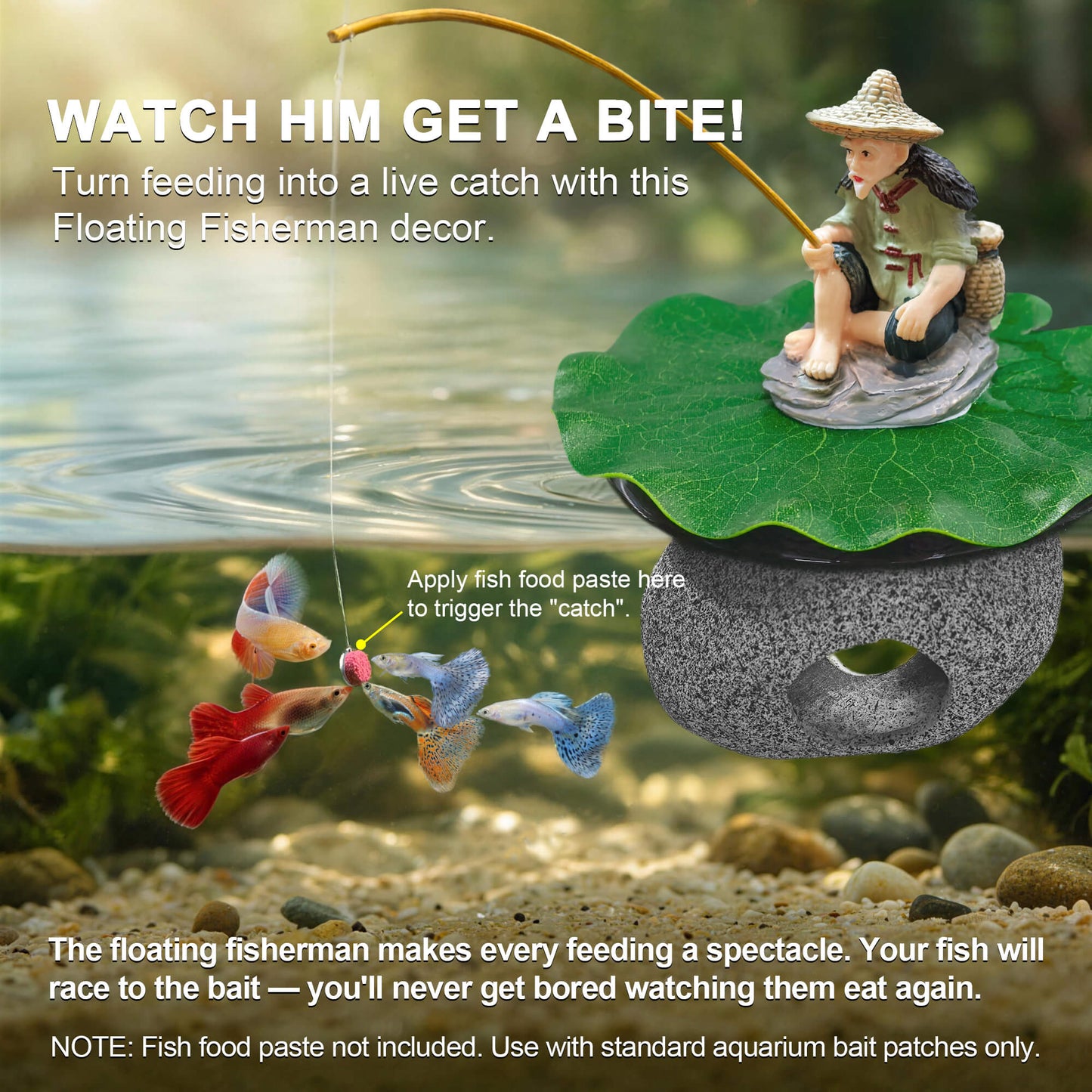 BaoZqua 3-in-1 Floating Fish Tank Fisherman Decor, Lotus Pad & Betta Cave
