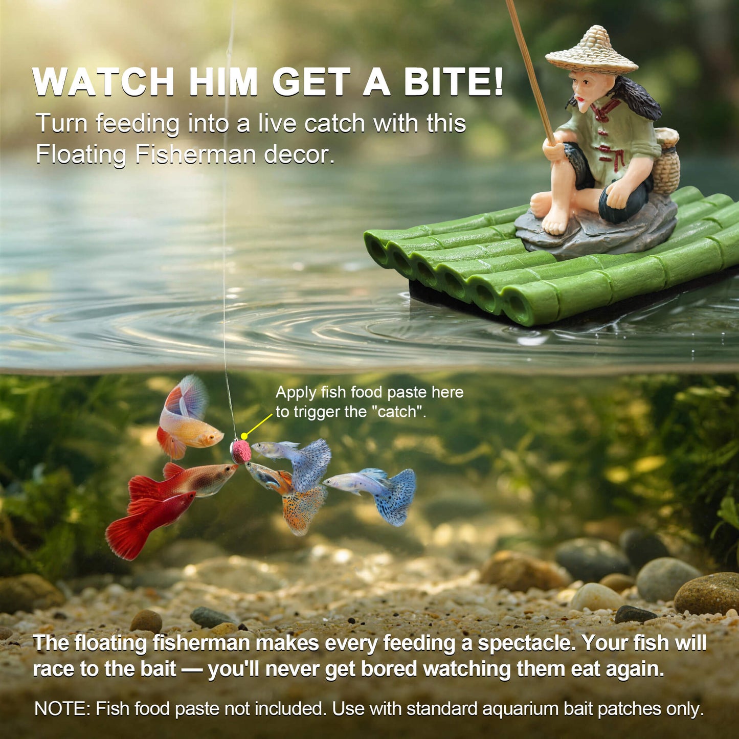 2-in-1 Floating Aquarium Decor, Interactive Floating Fish Tank Fisherman Decorations on PVC Bamboo Raft with Stable EVA Pad Buoyancy for Guppy, Small Schooling Species, Paludarium and Zen Pond