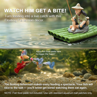 2-in-1 Floating Aquarium Decor, Interactive Floating Fish Tank Fisherman Decorations on PVC Bamboo Raft with Stable EVA Pad Buoyancy for Guppy, Small Schooling Species, Paludarium and Zen Pond