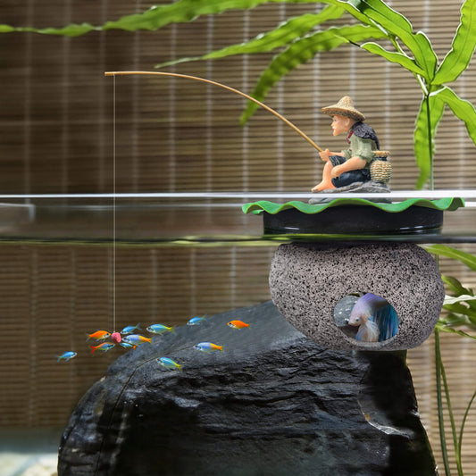 BaoZqua 3-in-1 Floating Fish Tank Fisherman Decor, Lotus Pad & Betta Cave