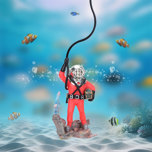 Resin Diving Officer Aquarium Decor with Soft Hose, Life-Size Inflatable Treasure Hunt Figurine for Fish Tanks, Floating Explorer Ornament, Aquarium Bubble Blaster Decoration