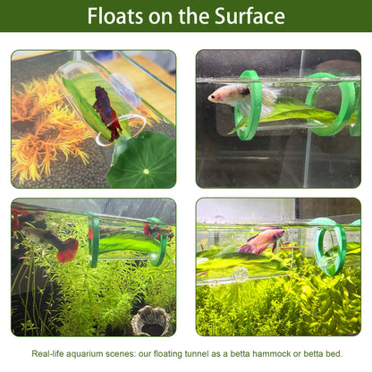 BaoZqua Betta Fish Hammock & Tunnel Hideout Bed Toy, Floating or Wall-Mounted Clear Acrylic Tube for Rest & Play, Betta Fish Tank Accessories with Suction Cup and Floating Ring for Aquarium Decoration