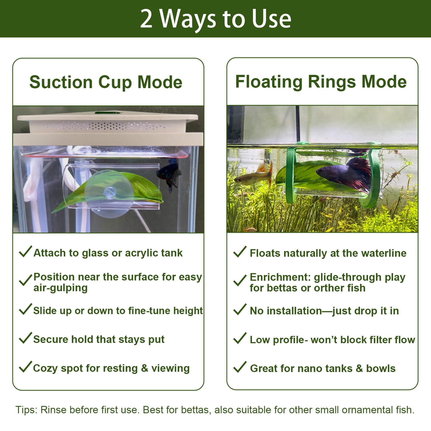 BaoZqua Betta Fish Hammock & Tunnel Hideout Bed Toy, Floating or Wall-Mounted Clear Acrylic Tube for Rest & Play, Betta Fish Tank Accessories with Suction Cup and Floating Ring for Aquarium Decoration