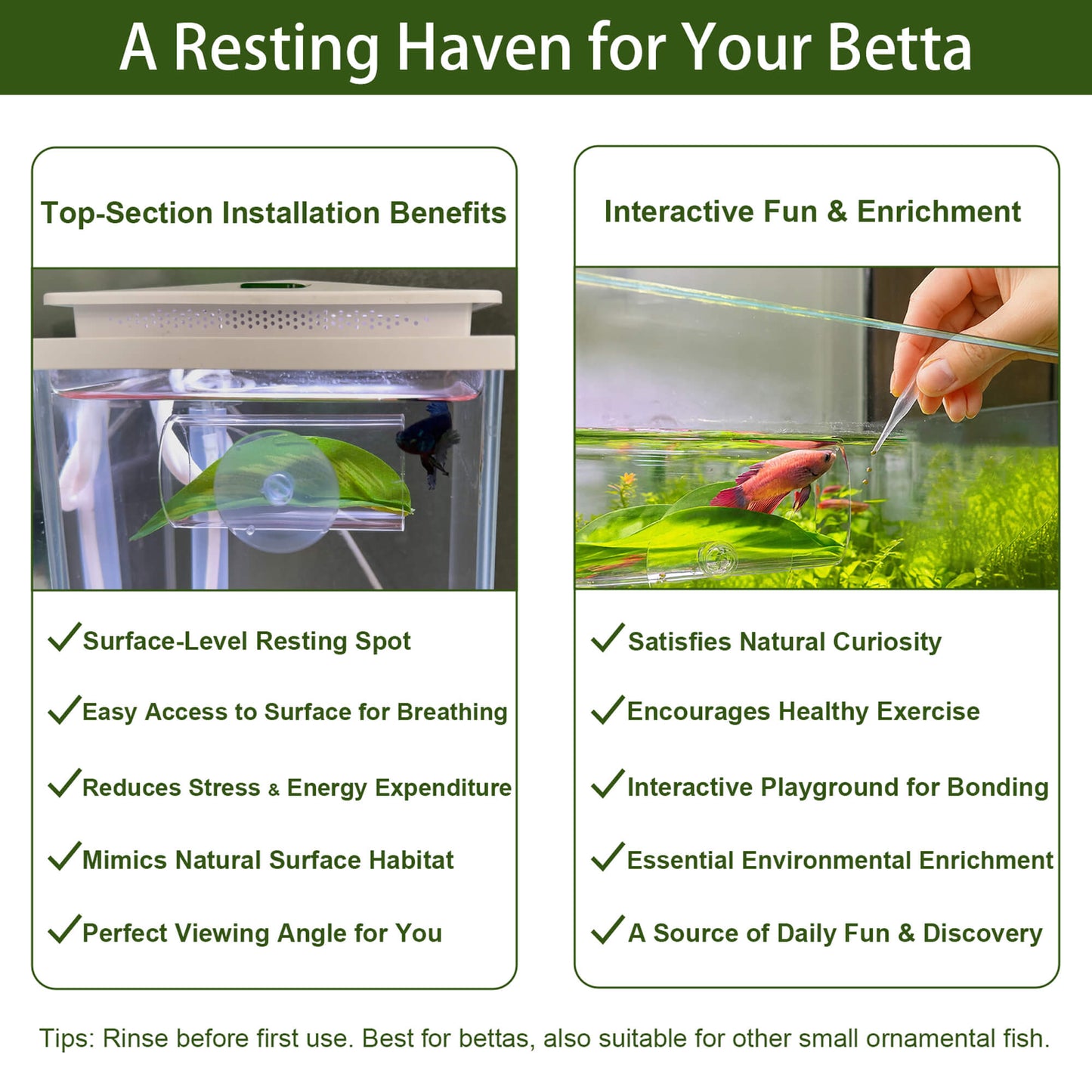 BaoZqua Acrylic Betta Hammock Tunnel, Betta Fish Tank Accessories & Aquarium Tunnel Decor, Fish Tank Hideout with Soft Faux Leaf Hammock, Beta Bed Resting Spot for Bettas