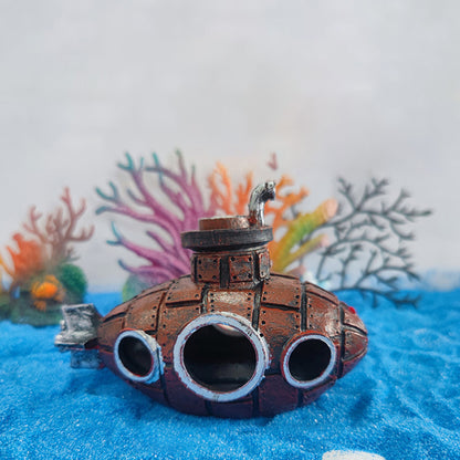 Fish Tank Decorations, Resin Hollow Submarine Fish Tank Decorations, Fish Broken Barrel Decor Aquarium Shrimp Hideout Aquarium Ornament for Fish Cave Hide Tank Decorations