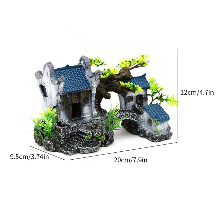 Classical Chinese Landscape Aquarium Castle Decor, Resin Fish Tank Ornament with Arch Bridge & Houses – River Series Lifelike Aquascape Decoration