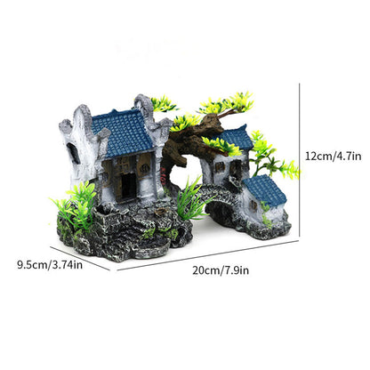 Classical Chinese Landscape Aquarium Castle Decor, Resin Fish Tank Ornament with Arch Bridge & Houses – River Series Lifelike Aquascape Decoration