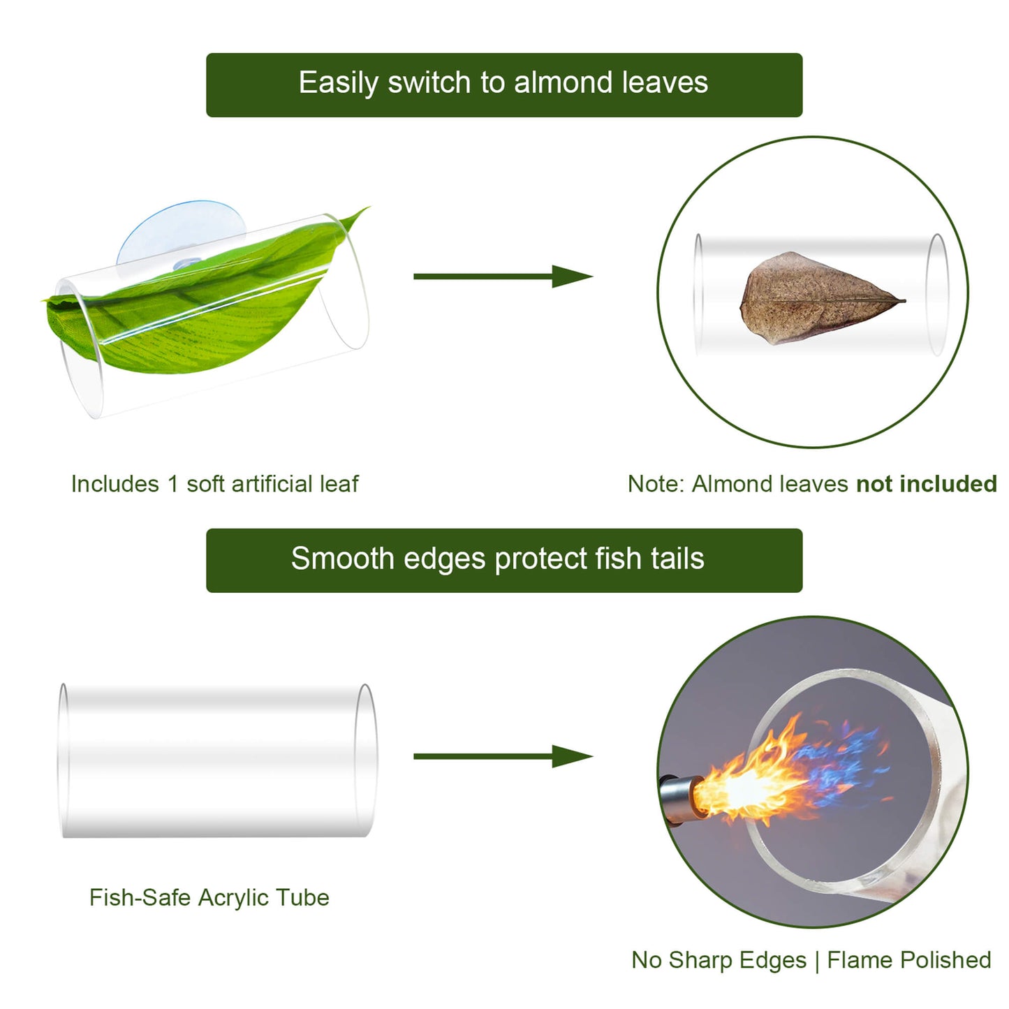 BaoZqua Acrylic Betta Hammock Tunnel, Betta Fish Tank Accessories & Aquarium Tunnel Decor, Fish Tank Hideout with Soft Faux Leaf Hammock, Beta Bed Resting Spot for Bettas