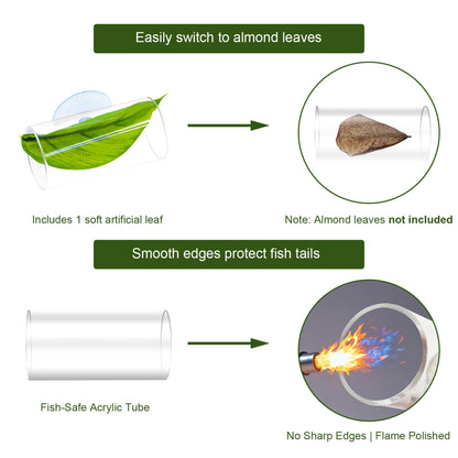 BaoZqua Acrylic Betta Hammock Tunnel, Betta Fish Tank Accessories & Aquarium Tunnel Decor, Fish Tank Hideout with Soft Faux Leaf Hammock, Beta Bed Resting Spot for Bettas