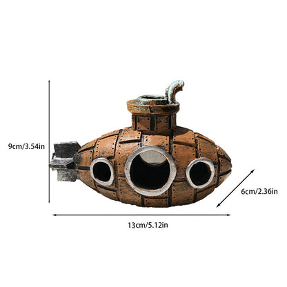 Fish Tank Decorations, Resin Hollow Submarine Fish Tank Decorations, Fish Broken Barrel Decor Aquarium Shrimp Hideout Aquarium Ornament for Fish Cave Hide Tank Decorations