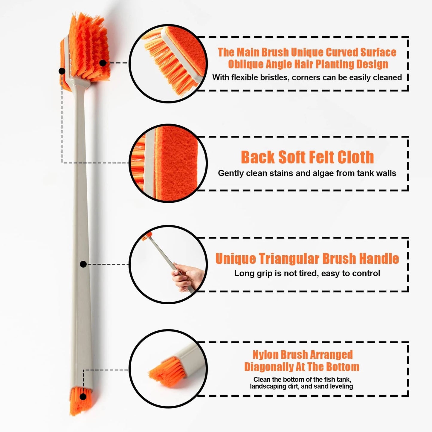 Aquarium Brush Multi-Tool Cleaning Brush with Orange Bristles, Cleaning Brush