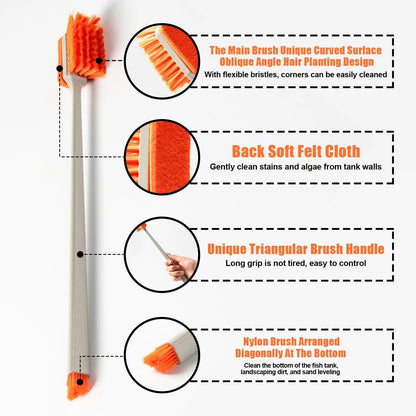 Aquarium Brush Multi-Tool Cleaning Brush with Orange Bristles, Cleaning Brush